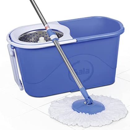 Gala Quick Spin Mop,Easy Wheels & Big Bucket with 2 Microfiber Refills, Floor Cleaning Mop with Bucket, pocha for floor cleaning, Mopping Set(white and blue) 1 qty
